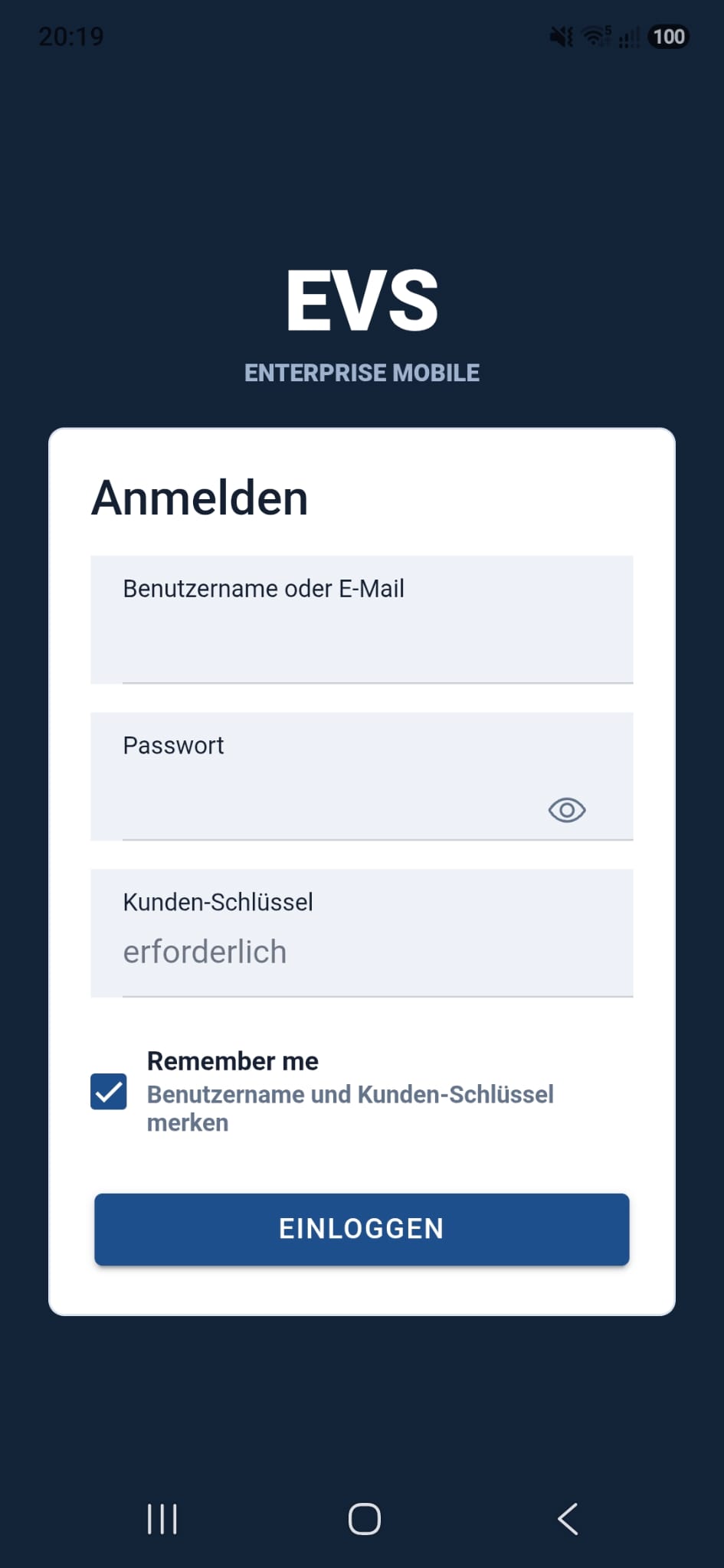 EVS-Manager Mobile Login mit Kunden-Schlüssel und Remember-me Option